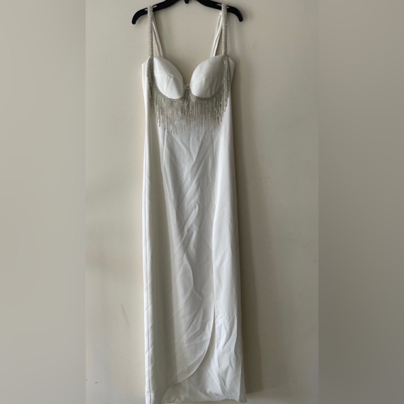 Gianni Bini Sweetheart Neckline Beaded Fringe Front Slit Black Embellished Dress - Picture 7 of 10